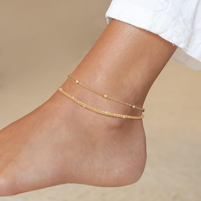 Ankle Bracelets for Women, Glitter Waterproof Adjustable Anklet for Women, 14K Gold Plated/Sterling Silver Layered Anklets, Summer Beach Anklet Jewelry for Women Gift