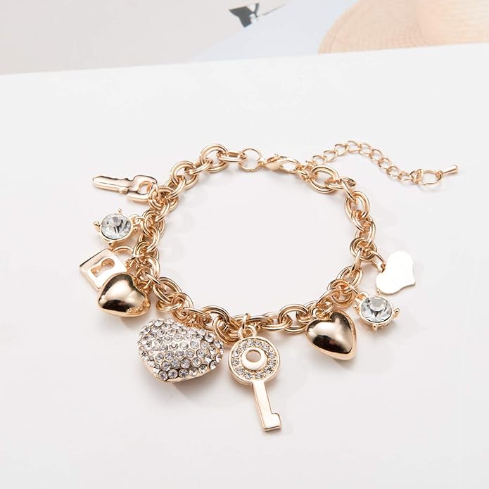 SILANER Gold Chain Link Bracelet - 7"+ 2" Extender 14K Gold Plated Love Locked Bracelets for Women, with Crystal, Love Heart,Key, Lock, Charm Bracelet