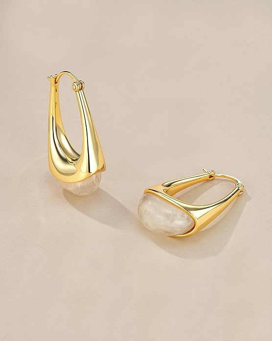 Long Oval Chunky Dangle 18K gold plated Hoops with Colored Resin Gemstone Statement Earrings for Women by SNGIA, (Green, Brown, Blue, Pink, White, Cream), Bold Drop Handmade Exaggerated Irregular Trendy Bohemian Jewelry Gifts, Unique Dangling Teardrop ...