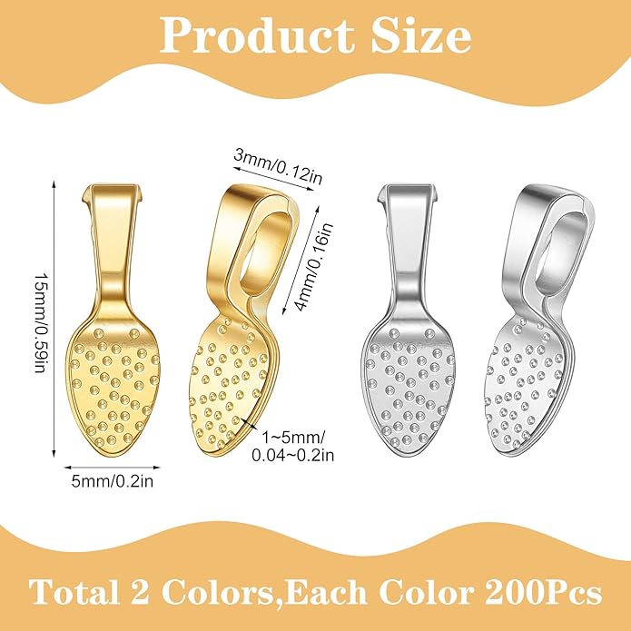 200 Pcs Jewelry Bails, Glue on Shovel Pendant Bails, Spoon Shaped Flat Pad Bail Pendant Charms, Alloy Jewelry Findings for DIY Necklace, Bracelet, Earring, Keychain Craft (Gold, Silver)