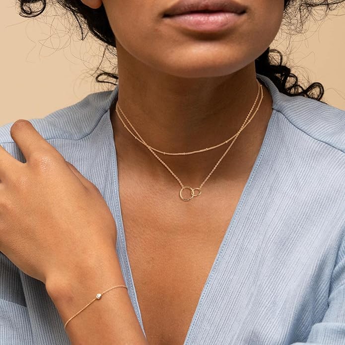 CHESKY 14k Gold Plated/Silver Plated Dainty Necklace for Women, Trendy Satellite Choker Necklace Thin Beaded Layered Choker Necklaces Discs Paperclip Chain Necklaces Womens Simple Jewelry