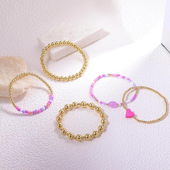 Gold Bracelets for Women Waterproof, 14K Gold Plated Beaded Cross Bracelets Set,Boho Stretch Bracelets Stackable Jewelry for Women Teenage Girls Jewelry Christmas Gifts