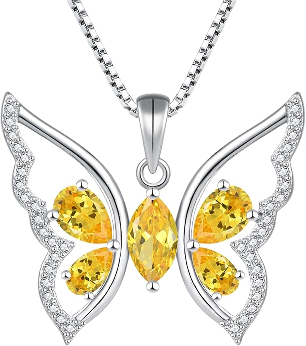 YL Women's Butterfly Necklace 925 Sterling Silver Flower Rose Pendant Birthstone Halo Jewelry