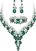 BriLove Women's Wedding Bridal Austrian Crystal Teardrop Flower Cluster Statement Necklace Dangle Earrings Jewelry Set for Party Prom