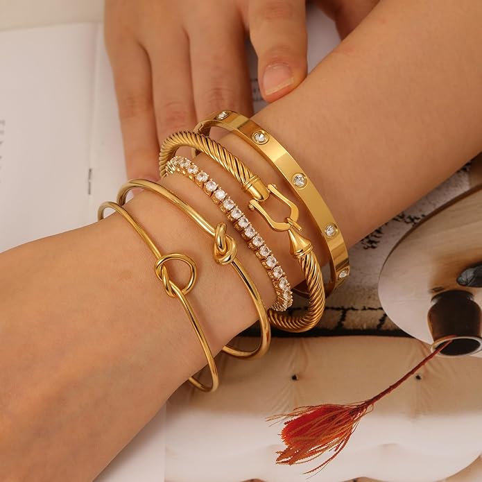 18 K Gold Plated Love Bangle Bracelet Stack Cuff Jewelry for Women Jewelry Set for Women Gift with Box