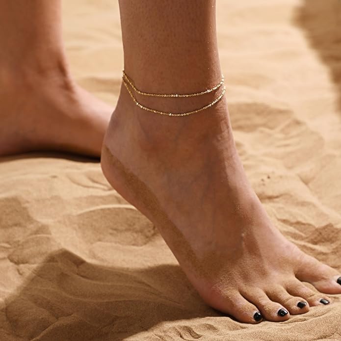 Anklets for Women 14K Gold Silver Plated Ankle Bracelets Trendy Waterproof Boho Anklets Set Adjustable Dainty Cute Diamond Beaded Heart Non Tarnish Summer Beach Jewelry Gift