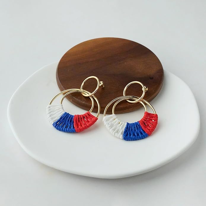 Raffia Hoop Earrings for Women Fun Boho Summer Beach Earrings Lightweight Handmade Straw Wicker Rattan Dangle Earrings Statement Geometric Round Drop Earrings