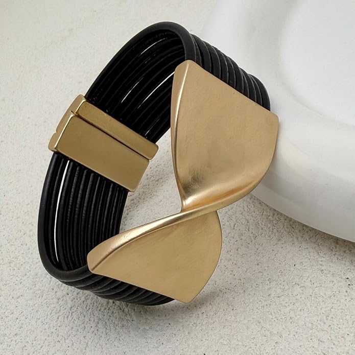 Leather Bracelet for Women Black Wrap Bangle Gold Infinity Bow-knot Bead Heart Bracelet Chunky Layered Bracelets for Women Trendy