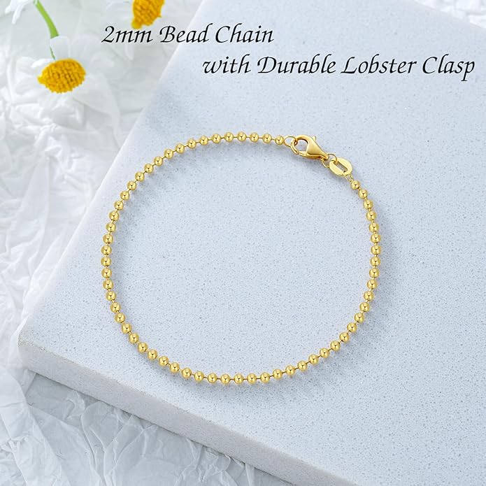 14K Yellow Gold 6-13 Inch 1.2mm-3.2mm Chain Bracelet Anklet for Women, Cuban Link Curb/Rope/Paper Clip/Round Snake/Herringbone/Bead/Water Wave, Thin Gold Chain Bracelet Durable Strong Real 14k Gold Chain Bracelet Anklet