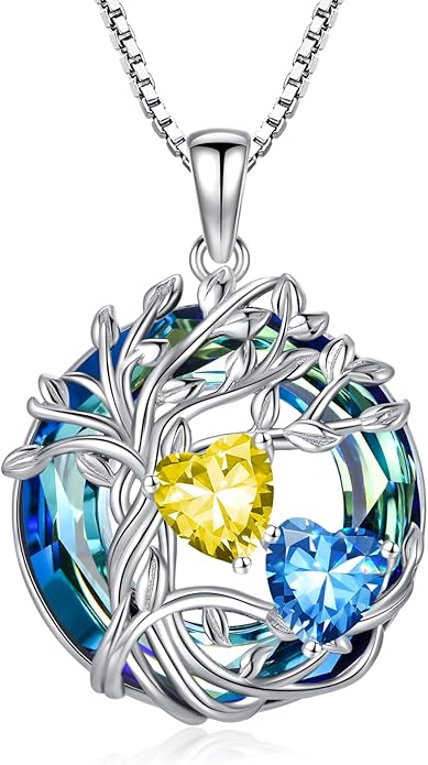 TOUPOP s925 Sterling Silver Family Celtic Tree of Life Pendant Necklaces with 2 Heart Birthstone with Blue Austrian Crystal Jewelry Birthday Valentines Day Gifts for Her, Anniversary Christmas Gifts for Wife Girlfriend Mom (18K Real White Gold Filled)