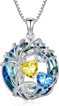 TOUPOP s925 Sterling Silver Family Celtic Tree of Life Pendant Necklaces with 2 Heart Birthstone with Blue Austrian Crystal Jewelry Birthday Valentines Day Gifts for Her, Anniversary Christmas Gifts for Wife Girlfriend Mom (18K Real White Gold Filled)