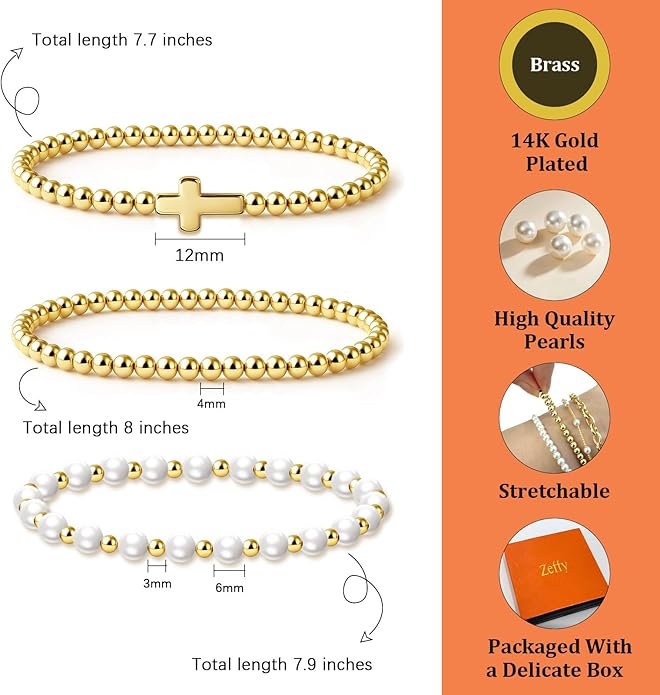 Zeffy Gold Pearl Beaded Bracelet for Women, 14K Gold Plated Jewelry Set With Paperclip Link Chain, Trendy Stack Bracelets