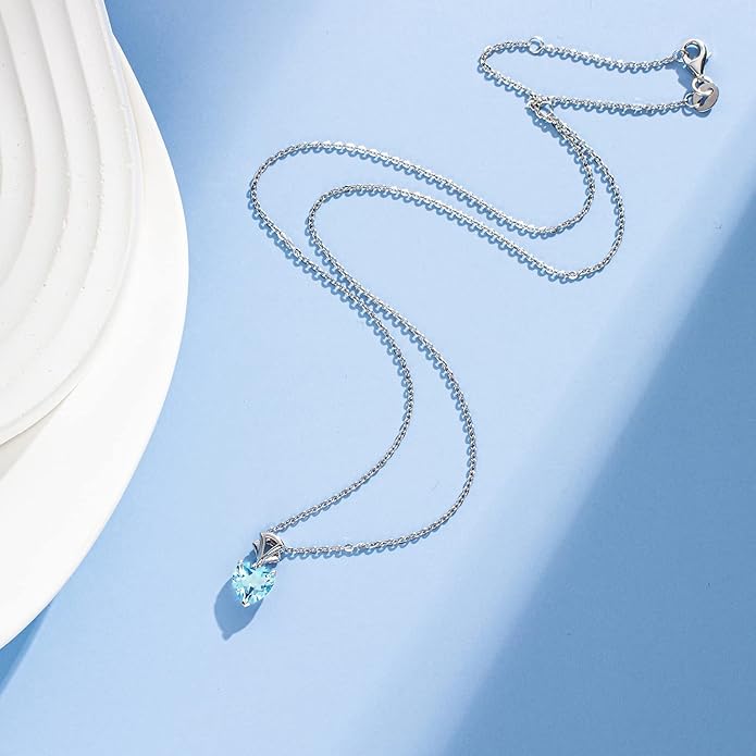 Agvana Valentines Day Gifts 14K White Gold Gemstone Pendant with Sterling Silver Chain 8mm Heart Birthstone Necklace for Women Fine Jewelry Anniversary Birthday Gifts for Women Mom Wife Girlfriend Her