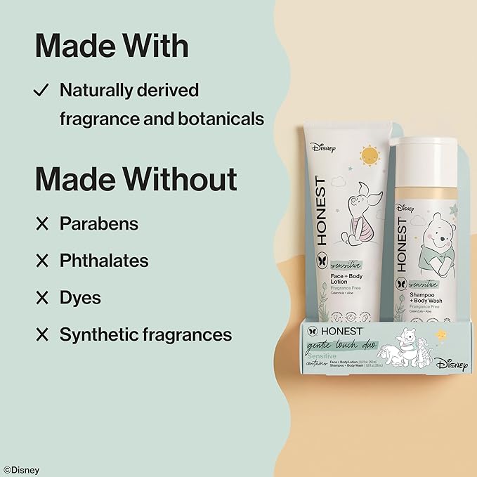 The Honest Company 2-in-1 Cleansing Shampoo + Body Wash and Face + Body Lotion Bundle + Disney Design | Gentle for Baby | Dermatologist Tested | Sensitive Fragrance Free, 18.5 fl oz