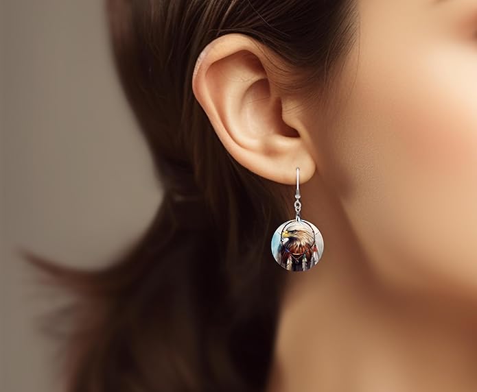Round Wood Earrings Light Weight Printed Image Dangle Jewelry