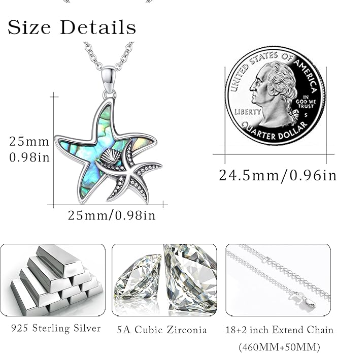 Cuoka Starfish Necklace 925 Sterling Silver Abalone Double Seashell Ocean Sea Beach Star Pendant Necklaces Ocean Jewelry for Women Bestfriend Summer Holiday Graduate Gift