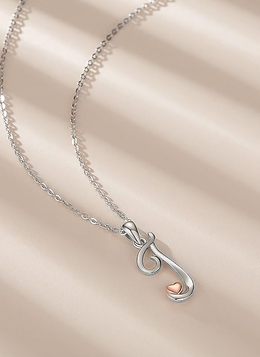 CELESTIA 925 Sterling Silver Initial Necklaces 26 Letter with Rose Gold Heart - 18 Inch Chain