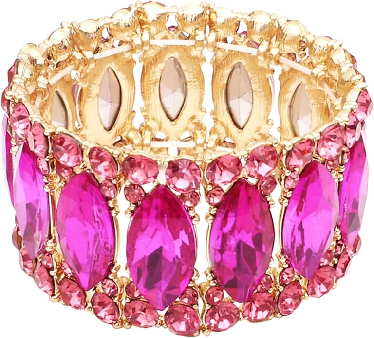 Women’s Elegant Wedding Bridal Crystal Double Row Marquise-Shape Leaf Stretch Bangle Bracelet Bride Jewelry for Women