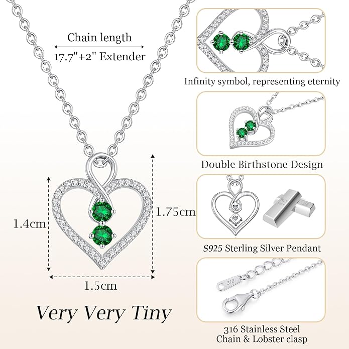 LOUISA SECRET Infinity Double Birthstone Necklace, 925 Sterling Silver Tiny Pendant Heart Necklace for Women Wife Her, Best Jewelry Gift Heart Jewelry Meaningful Gift for Valentine's Day, Christmas, Birthday Anniversary