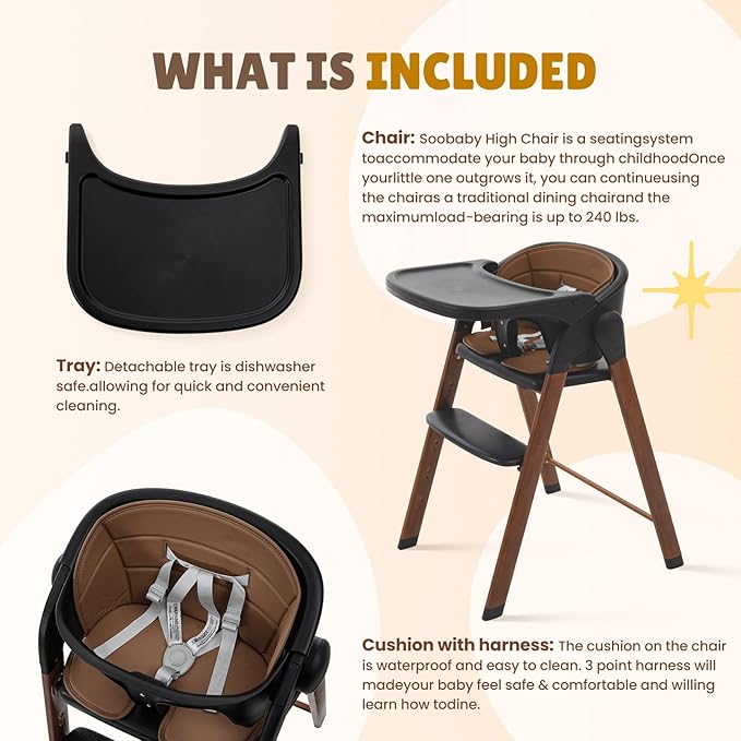 Convertible High Chairs for Babies & Toddlers. 5-in-1 Adjustable High Chair with Removable Tray, Easy to Clean, Portable (Black Brown)