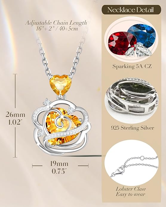 FANCIME Thornless Pulse Heart Birthstone Necklace for Women Sterling Silver Rose Pendant Fine Jewelry Gemstone Birthday Valentines Day Gifts for Wife Her