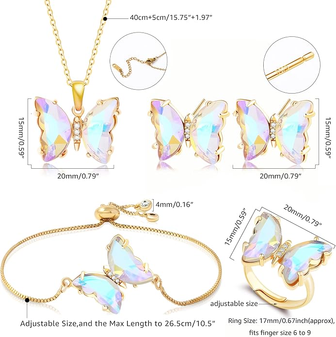 MISS RIGHT Butterfly Crystal Jewelry Set with Butterfly Necklace Stud Earrings Bolo Bracelet Adjustable Ring for Women Trendy, Iridescent Y2K Dainty Butterfly Jewelry Gifts