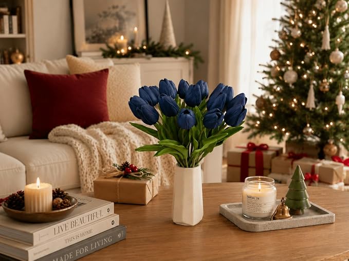 Mandy's 20pcs Artificial Navy Blue Tulips | 13.5 Inch Lifelike PU Tulips Faux - Image 8