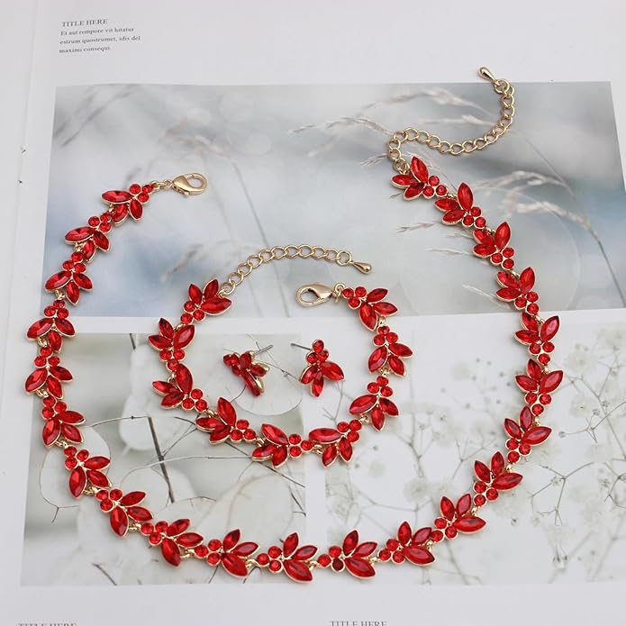 Bridal Wedding Crystal Leaf Choker Necklace Dangle Earring Bracelet Brides Bridesmaid Jewelry Set for Women