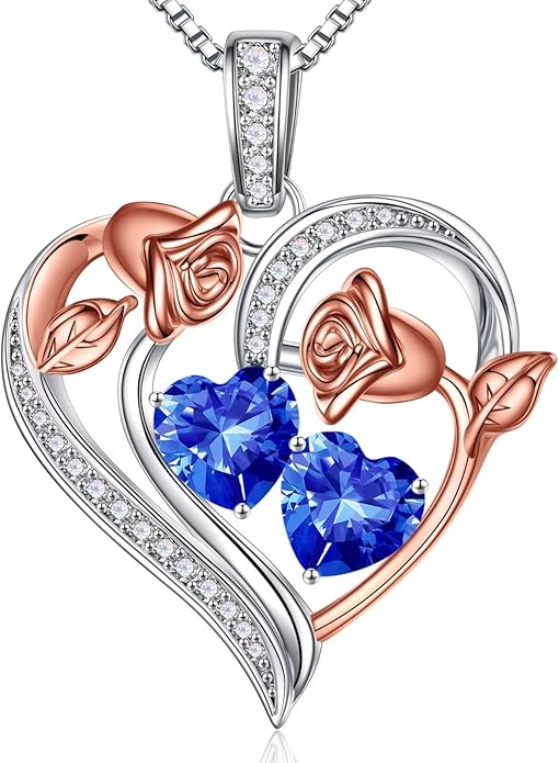 Iefil Valentines Day Gifts for Her - 925 Sterling Silver Rose Heart Necklace, Birthstone Jewelry, Anniversary Birthday Gifts for Wife Girlfriend Mom Daughter