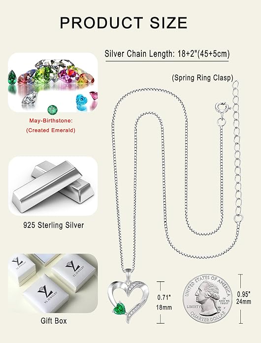 YL Heart Necklace 925 Sterling Silver Love Heart Pendant Birthstone Jewelry for Women