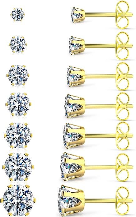 Silver Gold Black Stud Earrings Set 7Pairs Hypoallergenic Cubic Zirconia Titanium Stainless Steel Silver Rose Gold Black CZ Cartilage Stud Earrings Jewelry Sets for Women Men, 2-8mm CZ Stud Earrings