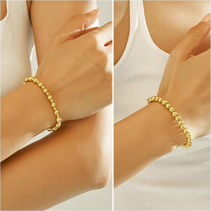 wgoud Gold Bracelets for Women - Trendy 14K Real Gold Plated Beaded Bracelet Set with Stretch Beads, Waterproof, Adjustable, Perfect Gifts