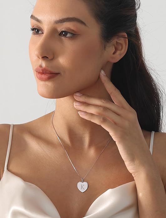 YL Initial Necklace 925 Sterling Silver Square/Round/Heart Letter Pendant A-Z Alphabet Polished Jewelry for Women