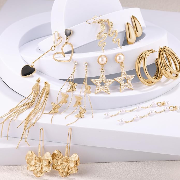 Earrings for Women, Funtopia 68 Pairs Drop Dangle Earrings, Fashion Statement Stud Earrings Pearl Earrings Set for Party Jewelry(Gold and Silver)