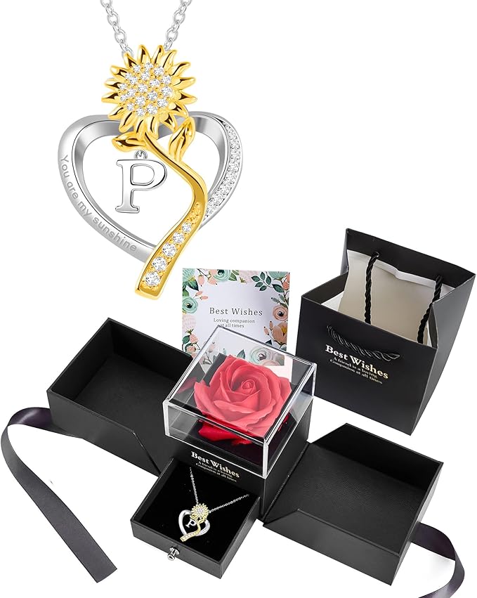 Birthday Gifts for Women Preserved Real Rose with Sunflower Initial Necklace - Birthday Gifts for Women Her Mom Wife on Valentines Mothers Day Christmas Anniversary Romantic with Pendant P