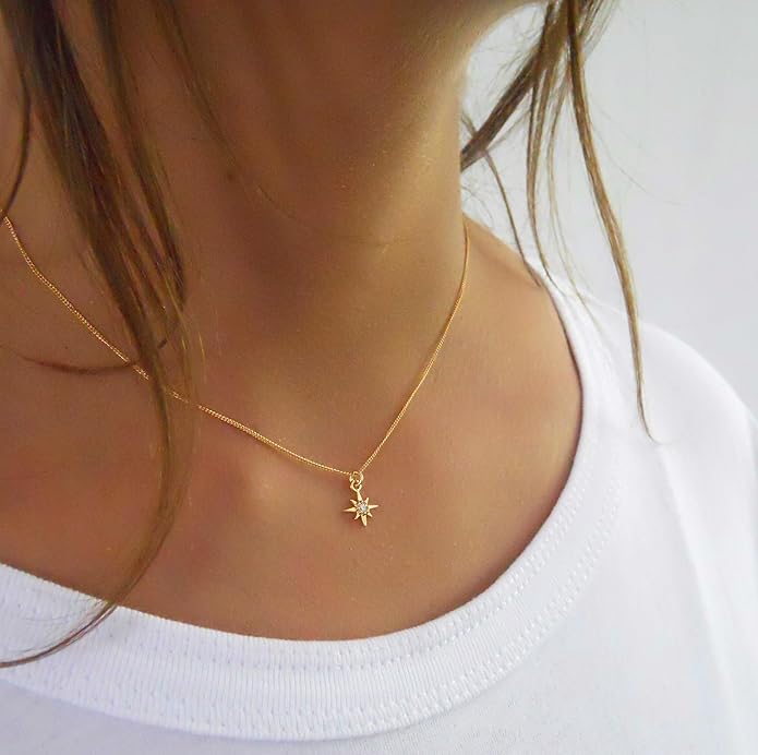 Annika Bella Sterling Silver Star Necklace for Women, Length 15-17 Inches, Tiny Cubic Zirconia North-Star Charm Pendant Necklace, Waterproof, Celestial Jewelry Gift for Her
