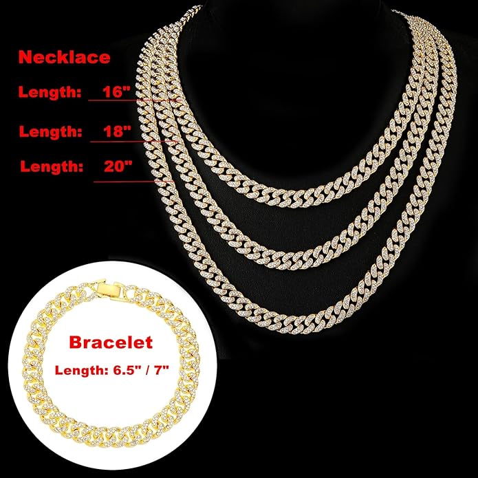HH BLING EMPIRE 14k Gold/Silver Cuban Link Chain for Women Iced Out Diamond Chunky Cuban Link Necklace Chain Bracelet 2pcs Sets