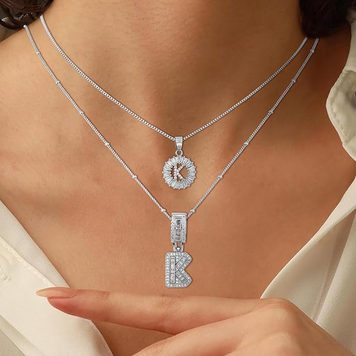 Initial Letter Necklace for Women 14k White Gold Silver Plated Dainty Necklaces Trendy Chunky Custom Layered Necklace Set Personalized Round Circle Zirconia A-Z Letter Chain Pendant Jewelry Gift