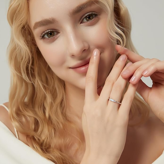 SHINYSO 14K Gold Plated Wedding Bands for Women Baguette Opal Ring Cubic Zirconia CZ Pave Thin Stackable Anniversary Rings for Her Size 4-10
