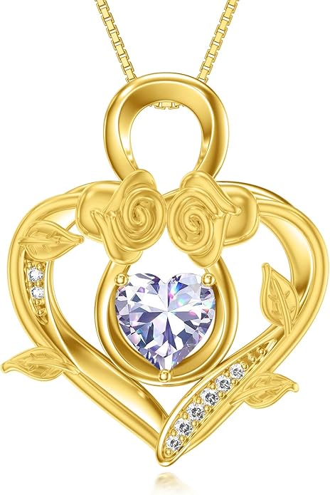 Midari 18K Gold Heart Birthstone Necklace 18K Gold Infinity Rose Necklace Birthday Christmas Jewelry Gifts for Women Wife Her Daughter Mom