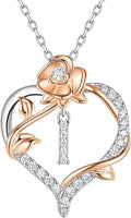 Valentines Day Gifts Rose Heart Letter Initial Necklace for Women, S925 Sterling Silver Pendant Necklace Adjustable Dainty Rose Flower Jewelry Gift for Her