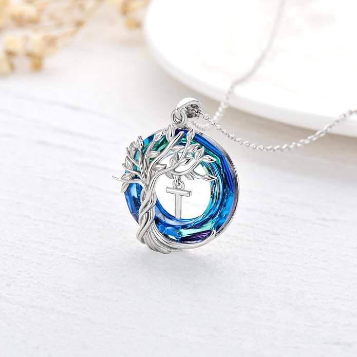 TOUPOP Gifts for Women Tree of Life Necklace 925 Sterling Silver Initial Pendant Family Tree Crystal Jewelry Valentine's Day Birthday Gifts for Her Mom Wife Girlfriend Daughter