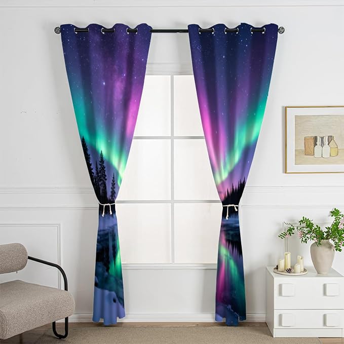 Aurora Ice Lake Curtains, Snow Mountain Forest Blackout Curtains 96 Inches Long - Image 2