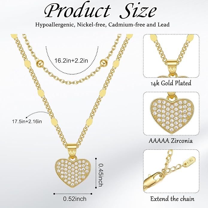 Heart Necklaces for Women 14K Gold Plated Layered Necklace Set with Cubic Zirconia Heart Pendant, Dainty Stackable Choker Chain, Gift for Her