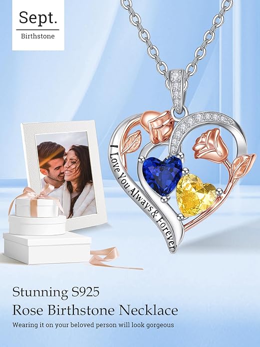 Valentine's Day Gifts for Wife 925 Sterling Silver Double Birthstone Pendant Necklaces I Love You for Always and Forever Necklace Anniversary Birthday Gifts for Wife Girlfriend Mom Her