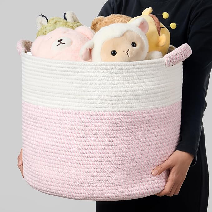 Blanket Basket for Living Room, Woven Rope Storage Basket | 16"D x 14"H | White - Image 3