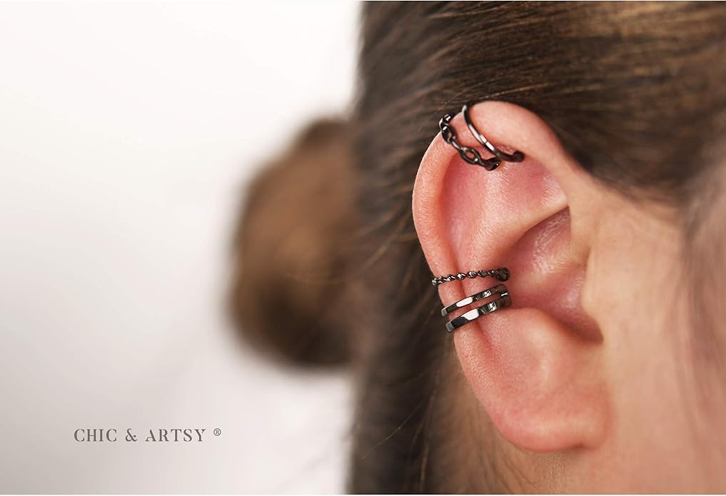 CHIC & ARTSY 925 Sterling Silver Ear Cuffs for Women, Non Piercing Clip On Cartilage Cuffs, Adjustable Fake Conch & Helix Earrings, Gold Plated & Oxidized Various Styles