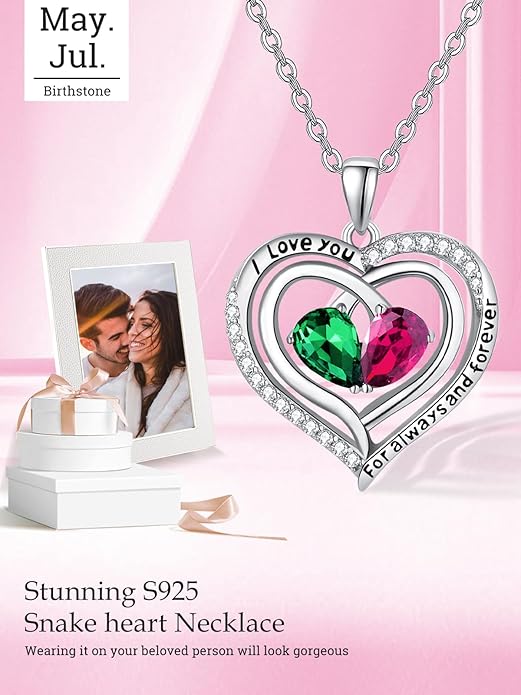 Valentine's Day Gifts for Wife 925 Sterling Silver Double Birthstone Pendant Necklaces I Love You for Always and Forever Necklace Anniversary Birthday Gifts for Wife Girlfriend Mom Her