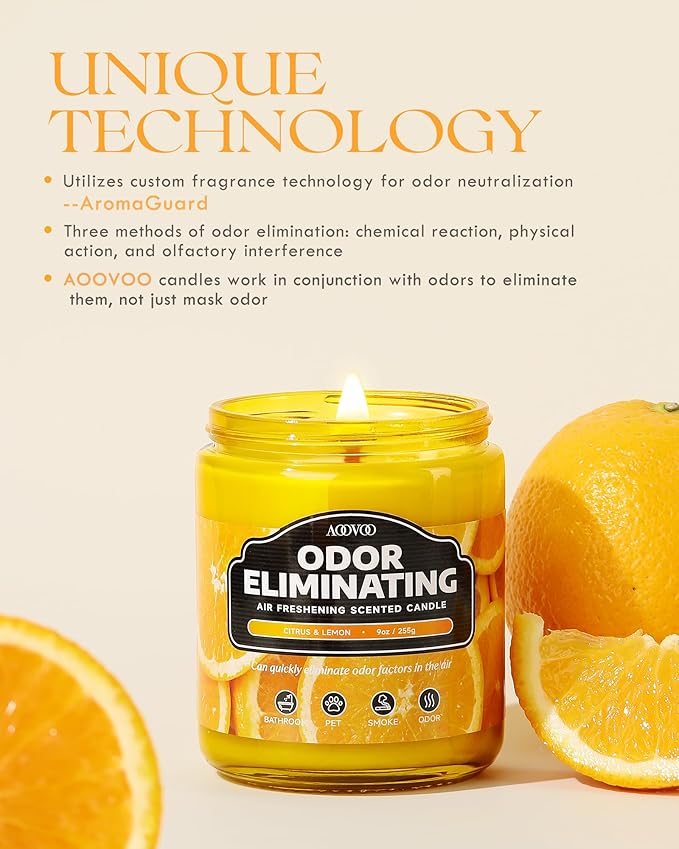 AOOVOO Citrus Lemon Odor Eliminating Candle - 9oz Soy Candles - Image 2