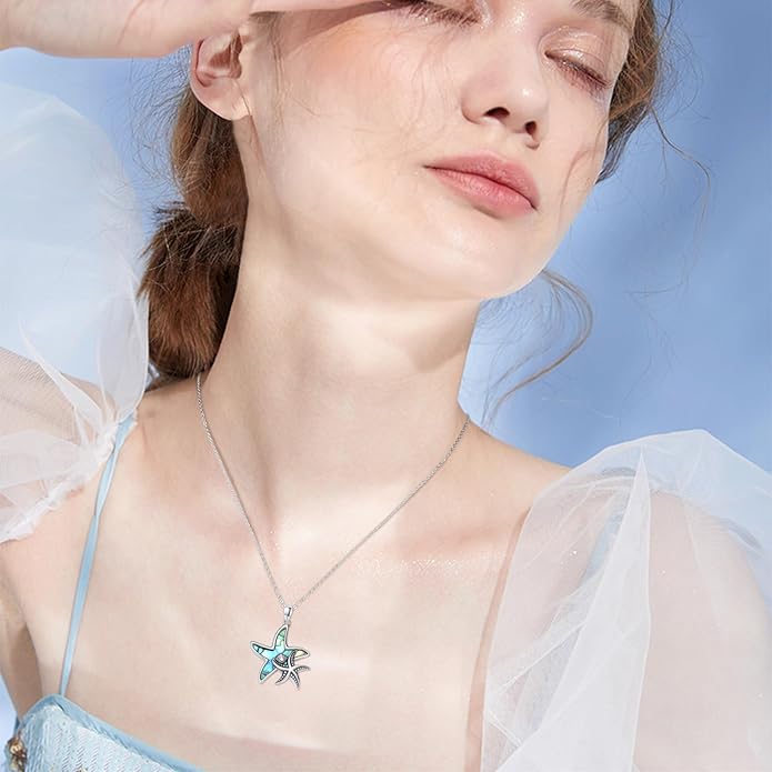 Cuoka Starfish Necklace 925 Sterling Silver Abalone Double Seashell Ocean Sea Beach Star Pendant Necklaces Ocean Jewelry for Women Bestfriend Summer Holiday Graduate Gift